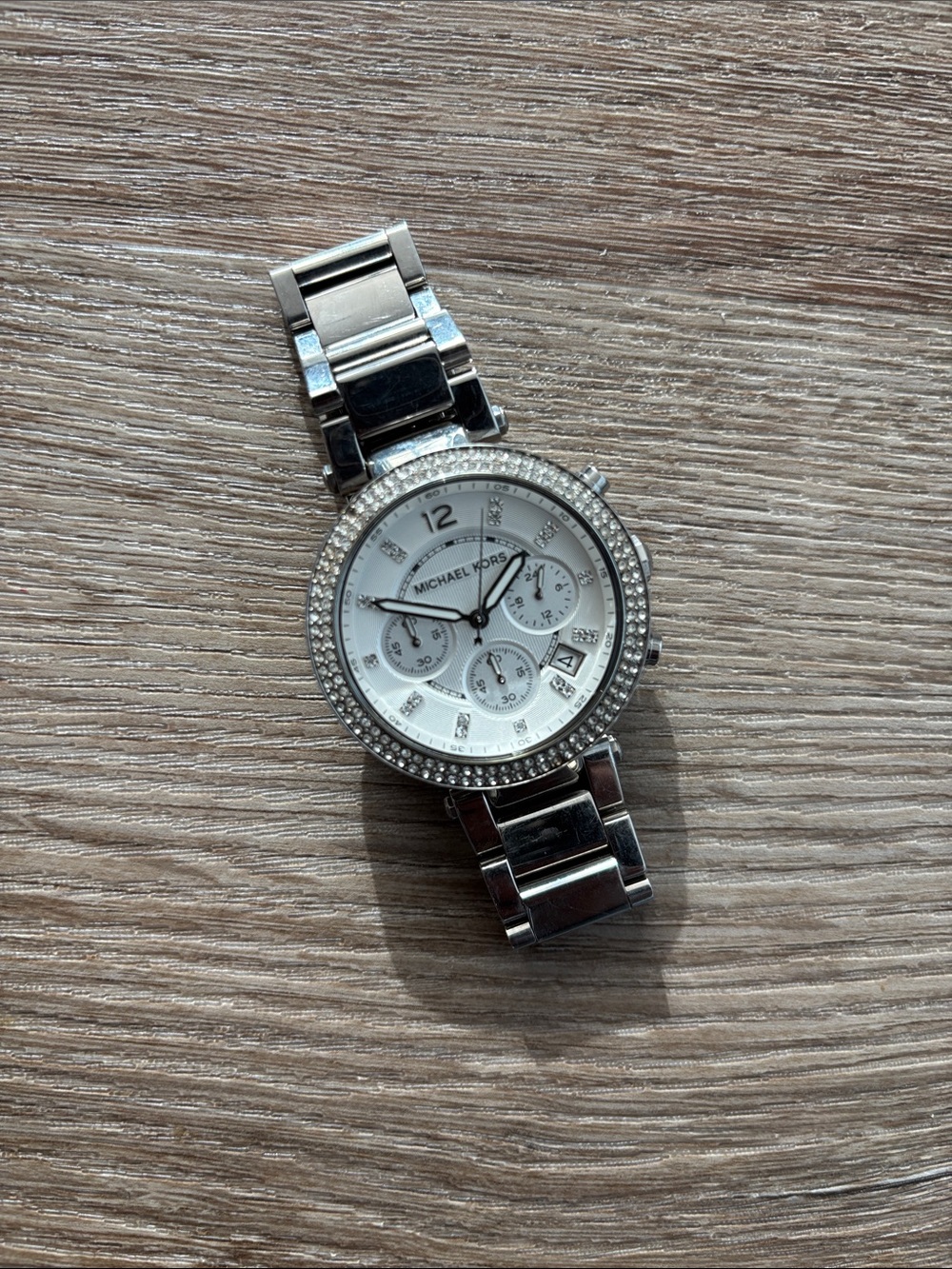 Michael Kors MK 5353 Silver Crystal-Trim Women's Bracelet Watch with White Dial